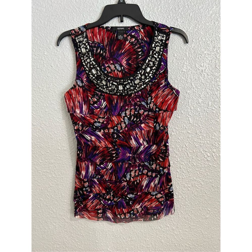 Blouse Abstract Design Purple Red Black halter style Rhinestone’s Bling Bodice.